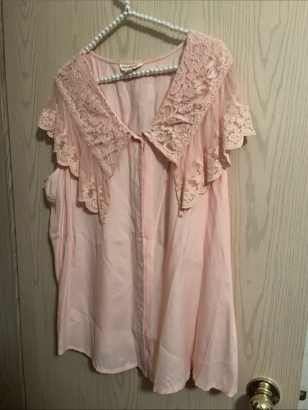 April Cornell Pale Pink Lace-Trim Button Front Blouse